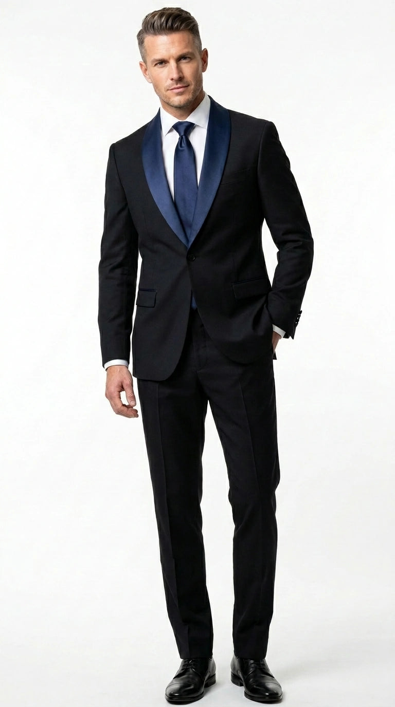 Men’s Black Suit with Navy Blue Lapel – Elegant Formal Tuxedo Style Suit for Wedding, Prom, Party and Evening Wear - 34 Short or Extra Small