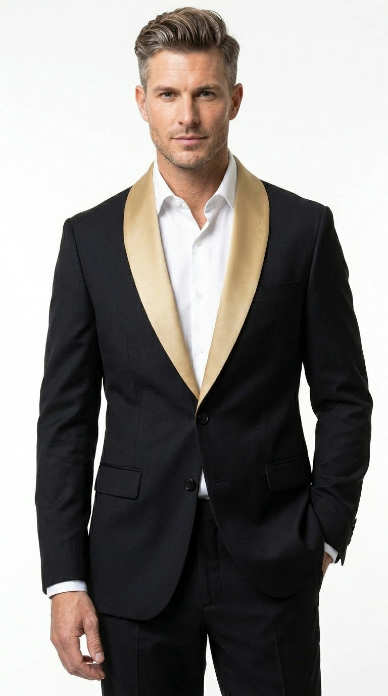 Men’s Black Suit with Gold Lapel – Luxury Formal Tuxedo Style Suit for Wedding, Prom, Party and Evening Wear - 34 Short or Extra Small
