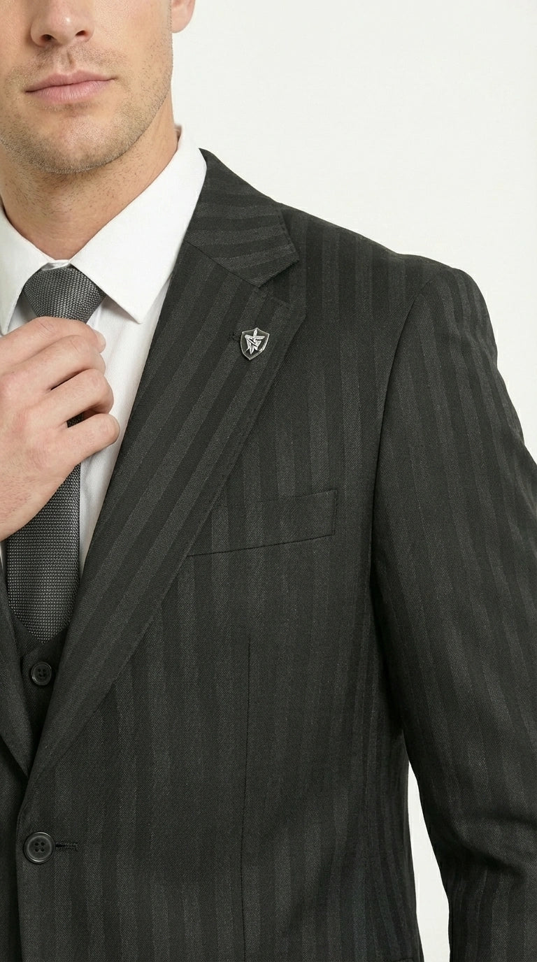 Men’s Black Pinstripe 3 Piece Suit – Vested Formal Business Suit for Wedding, Office, Prom and Party Wear - 34 Short or Extra Small