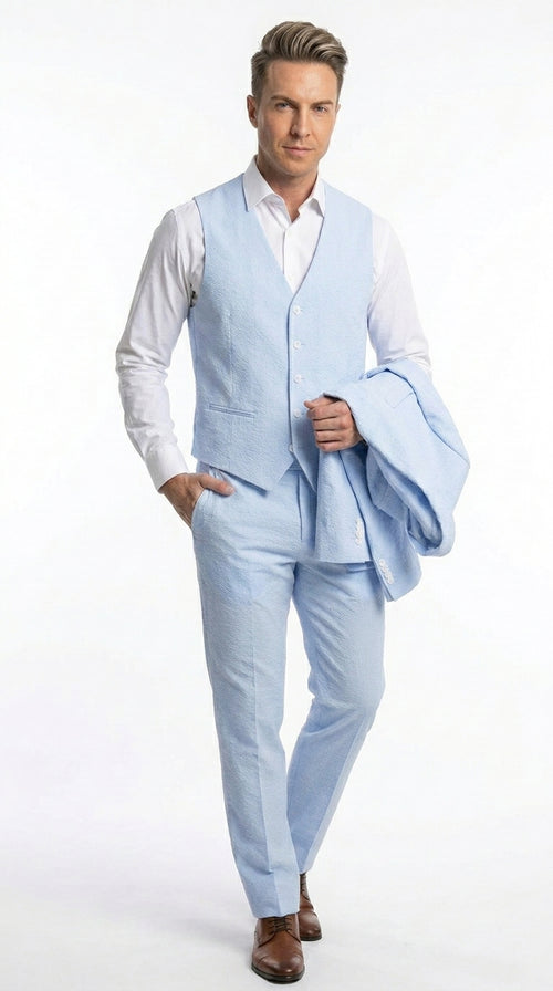 Men’s Blue Pinstripe Seersucker Suit with Jacket and Pants, Big and Tall Kentucky Derby Summer Suit