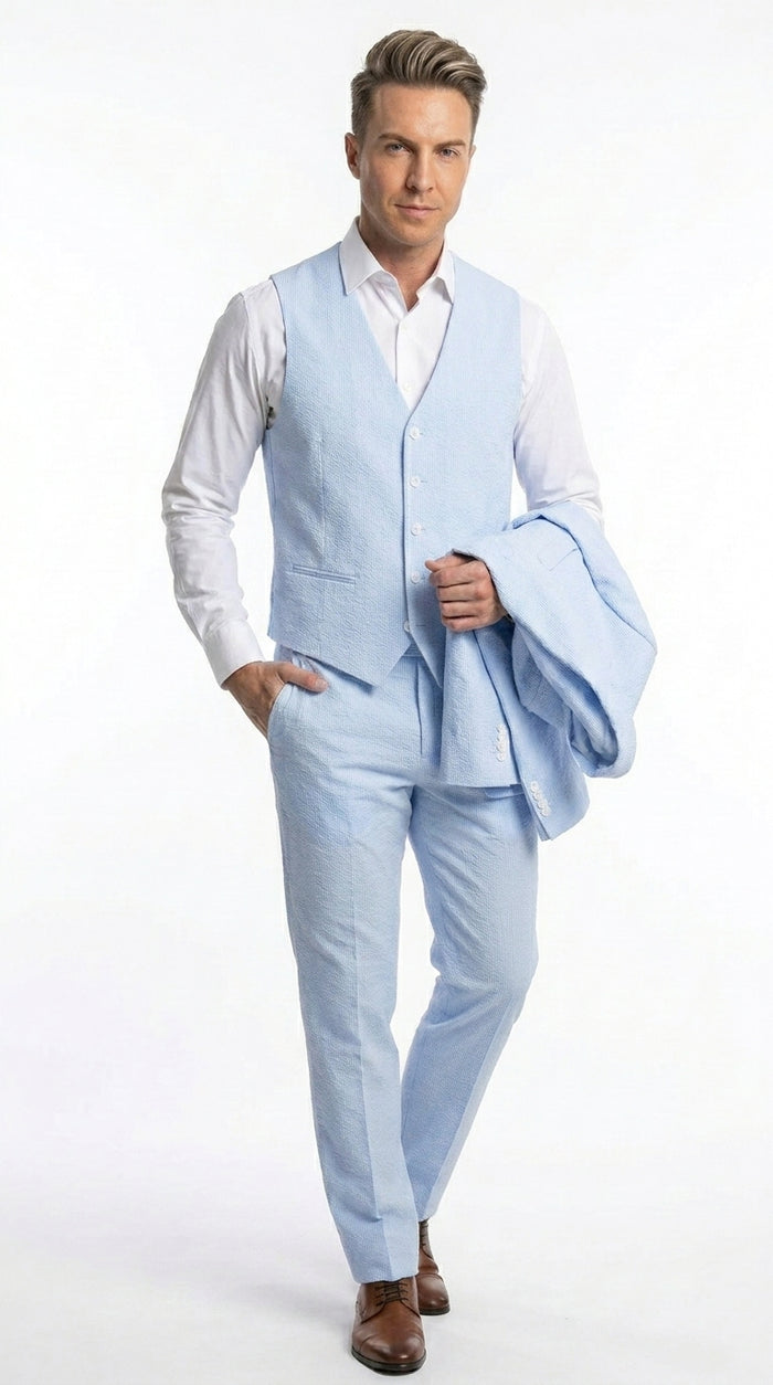 Men’s Blue Pinstripe Seersucker Suit with Jacket and Pants, Big and Tall Kentucky Derby Summer Suit