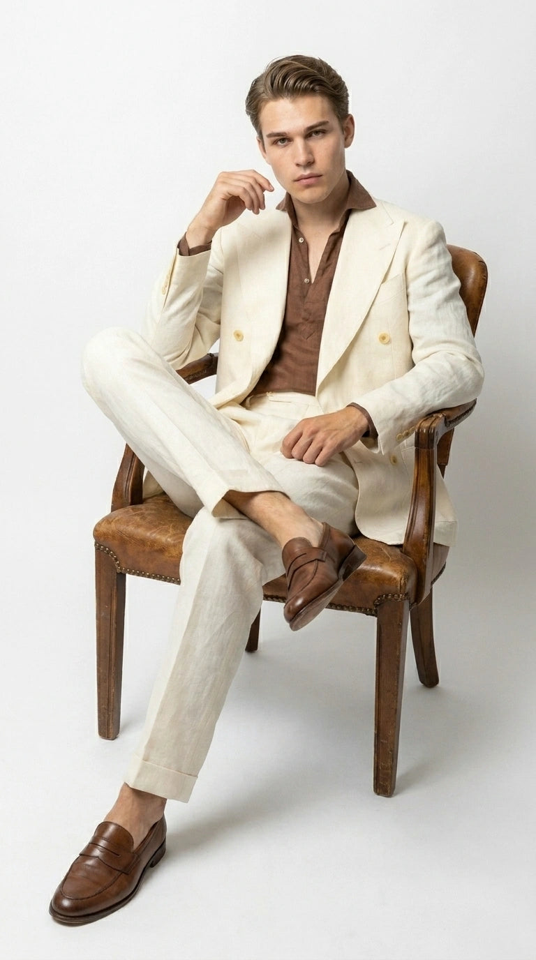 Men’s Off White 70s Style Double Breasted Suit – Vintage Retro Wide Lapel Classic Outfit for Party, Wedding and Casual Fashion Wear - 34 Short or Extra Small