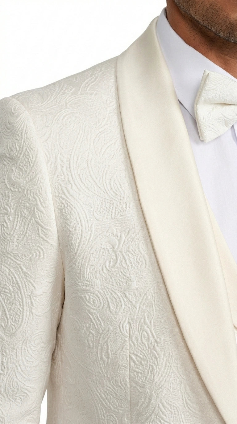 Men’s Ivory Paisley Tuxedo Suit 3 Piece – One Button Vested Satin Formal Suit for Wedding in Off white Cream Color - 40