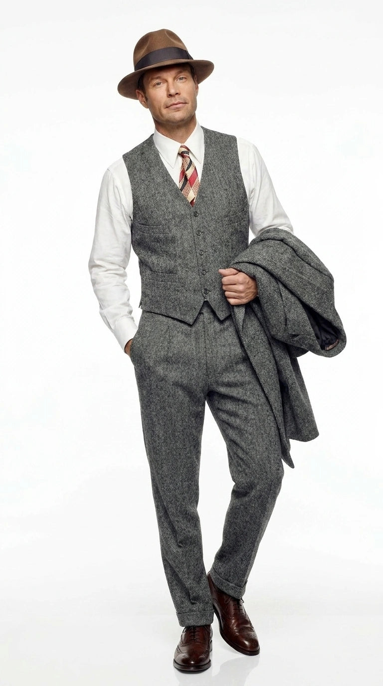 Men’s Grey Vintage Gangster Suit – Bonnie and Clyde Inspired 3 Piece Classic 1920s Formal Outfit - 34 Short or Extra Small