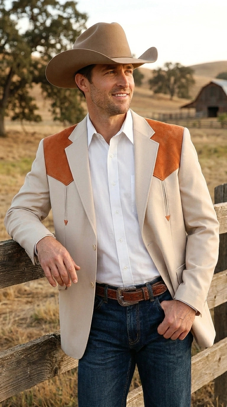 Men’s Tan Beige and Rust Western Cowboy Blazer – Classic Country Style Jacket, Vintage Western Dress Blazer for Men Country Jacket - 36 Short