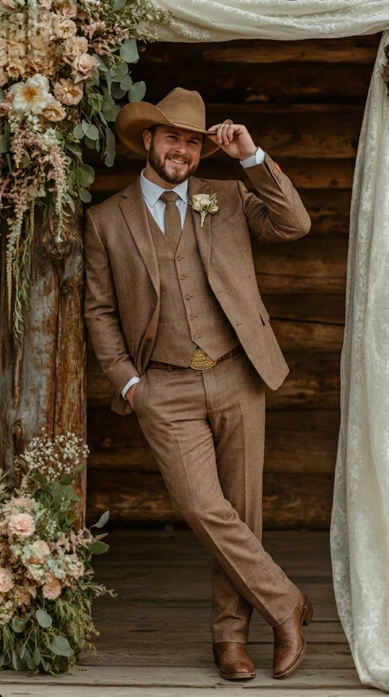 Men’s Light Brown Western 3 Piece Suit – Classic Country Style Blazer Vest Pants Set, Formal Cowboy Suit Toast - 34 Short or Extra Small