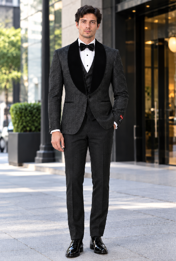 Gianni | Black with Black Velvet Lapel 3-Piece Tailored-Fit Tuxedo Black Velvet Suits and Tuxedos