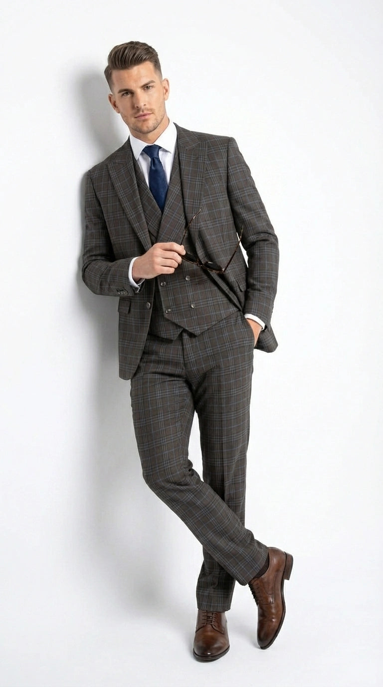 Vitali Men’s Brown Grey with blue Check 3 Piece Suit – Classic Plaid Formal Suit Set with Blazer, Vest & Trousers, Business Wedding Party Wear for Men Modern Fit - 34 Short or Extra Small