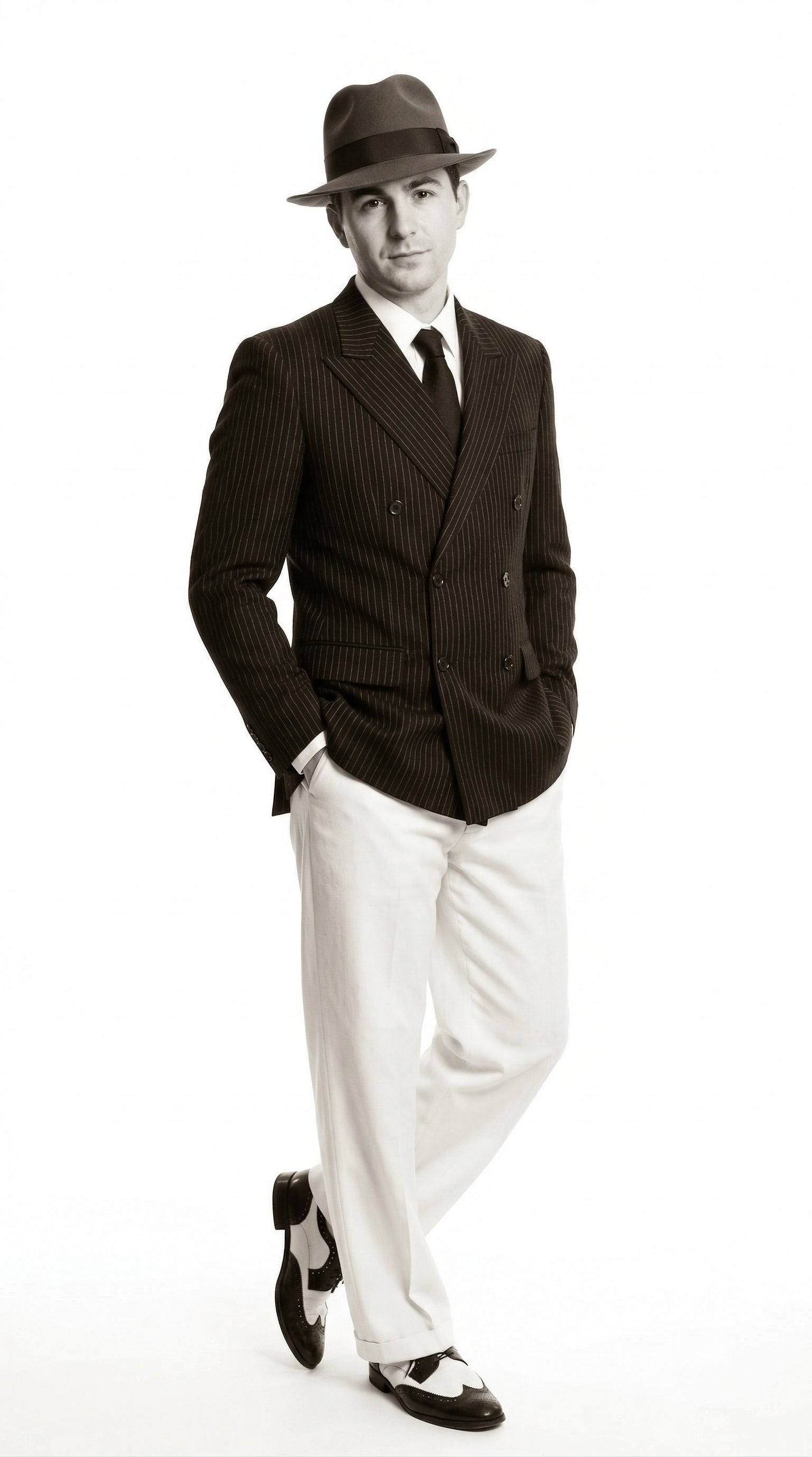 Men’s Black Pinstripe Blazer with White Pants 1920s Gangster Mob Boss Style Suit – Double Breasted Vintage Formal Jacket, Classic Party Costume Wear - Black
