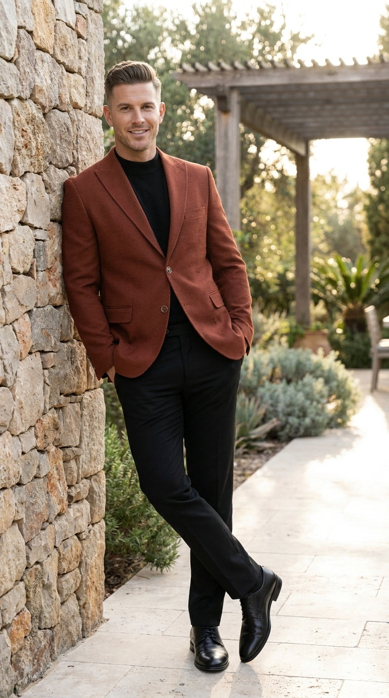 Men’s Rustic Brown Textured Blazer with Notched Lapel, Formal Dress Jacket for Weddings, Parties, Business Look - 36 Short