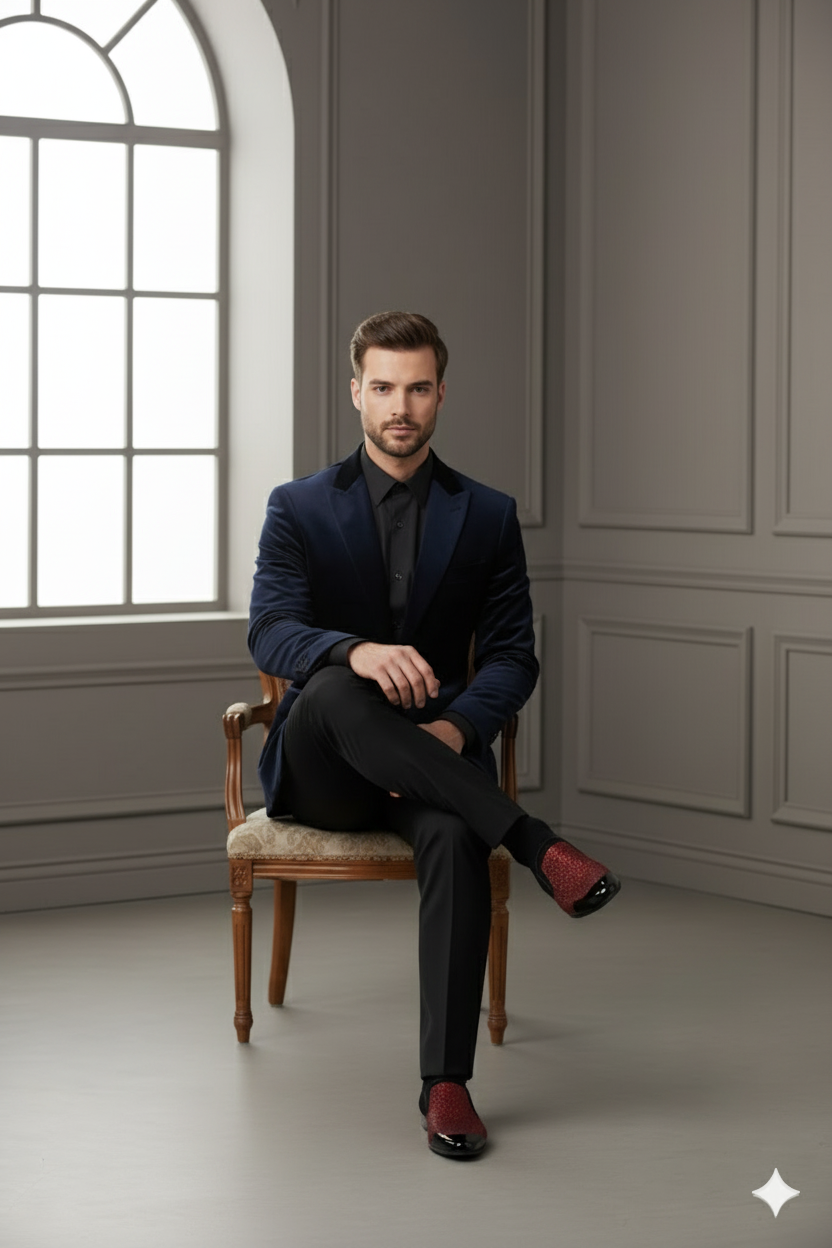 Men’s Red Glitter Tuxedo Loafers – Shiny Slip-On Dress Shoes with Black Patent Toe for Parties and Formal Events - 6