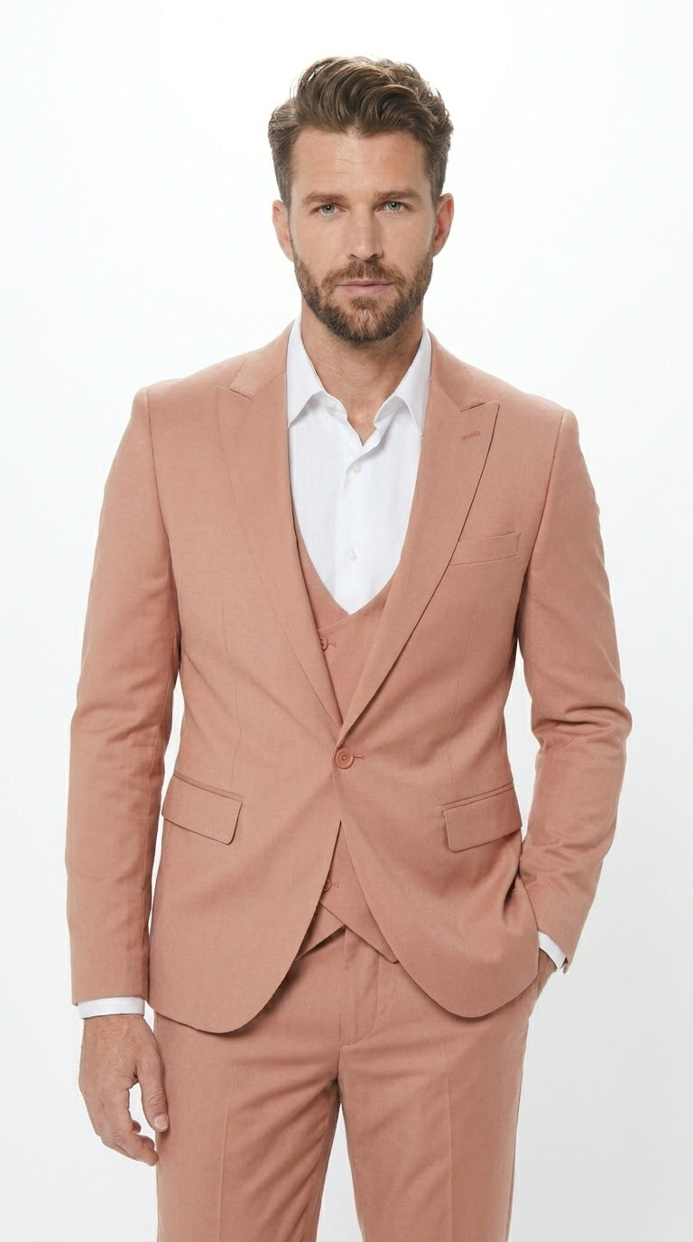 Men’s Peach Light Brown 3 Piece Suit – Wedding & Prom Formal Suit Set, Blazer Pants Double breasted vest - 34 Short or Extra Small