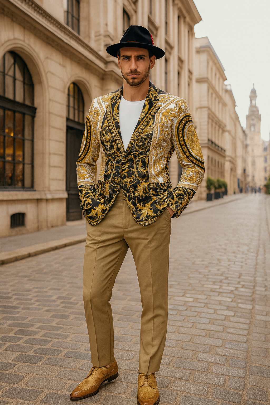 Menâ€™s Black and Gold Baroque Blazer with Matching Pants, Hat, and Shoes â€“ Luxury Party and Wedding Outfit Set - 36 Short