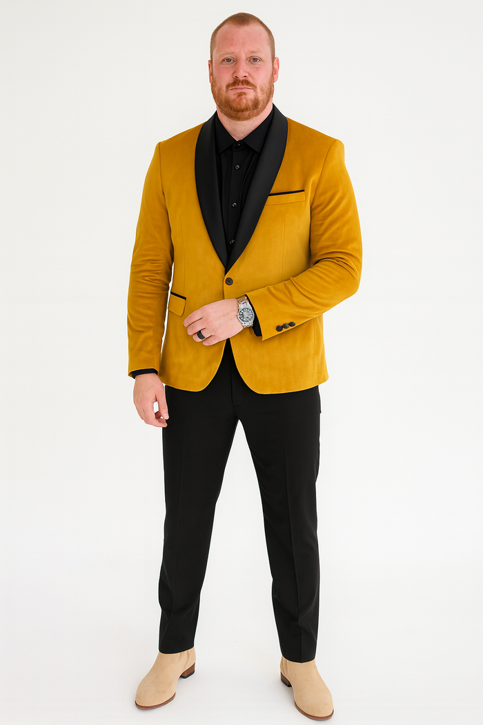 Mens Mustard Gold Velvet Tuxedo Jacket Slim Fit Dinner Blazer with Black Satin Shawl Lapel + Free Black Pants & Bowtie