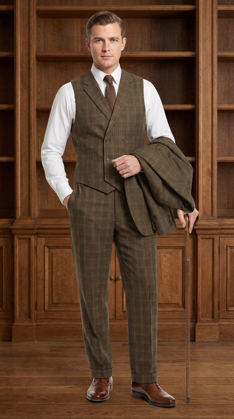 Men’s 1930s Brown Plaid 3 Piece Suit, Vintage Formal Wedding Business Dress Suit Set - 34 Short or Extra Small