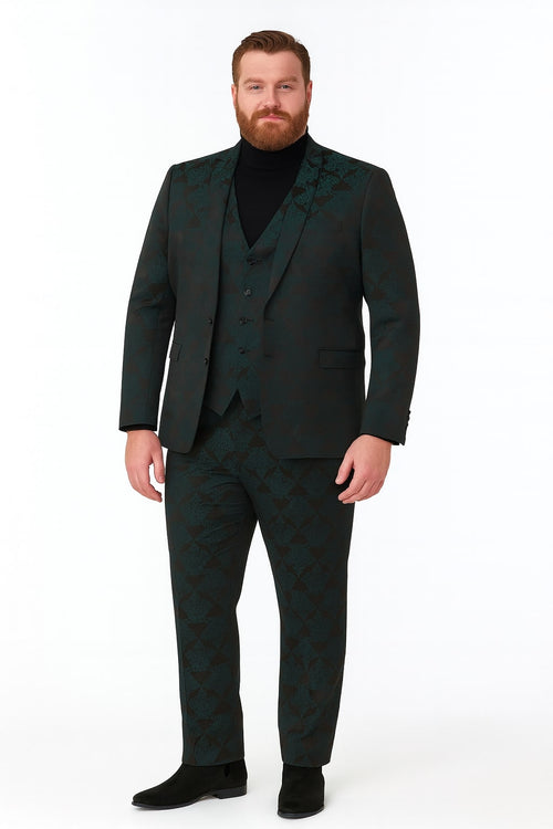 Mens Emerald Green Floral Jacquard 3-Piece Tuxedo Suit Slim Fit Formal Set with Blazer, Vest, and Pants Paisley Fabric - Ultra slim fitted