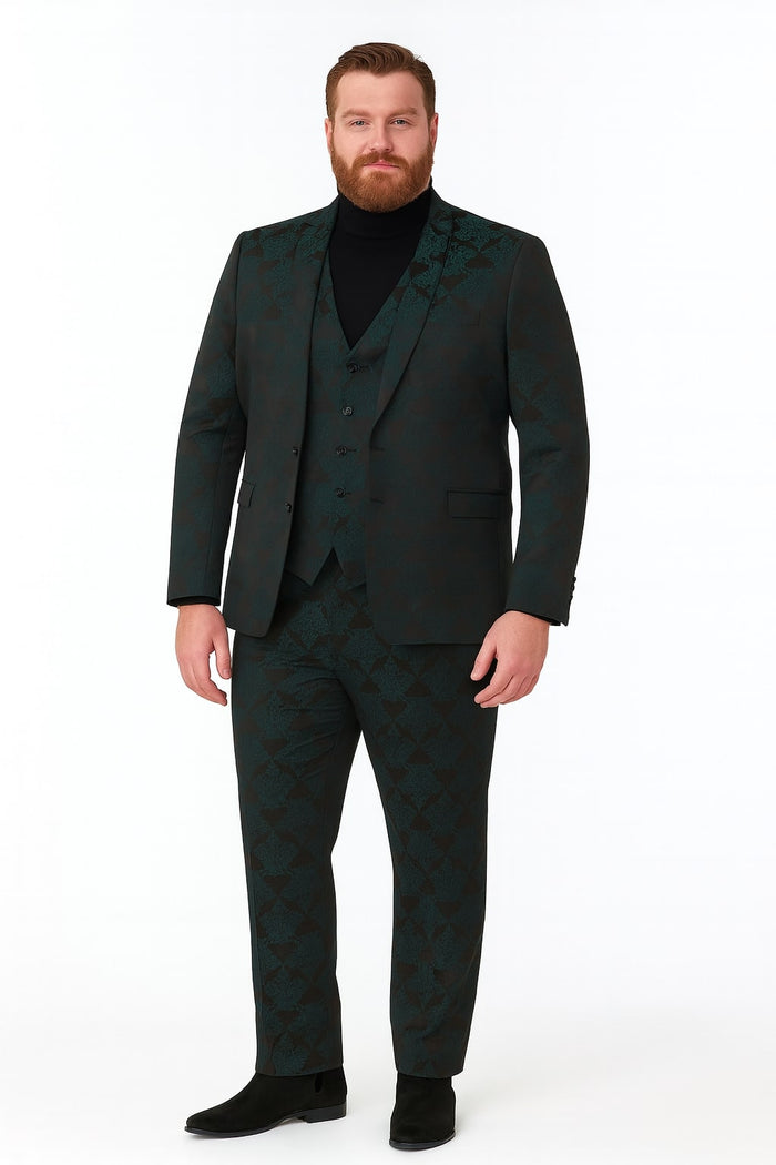 Mens Emerald Green Floral Jacquard 3-Piece Tuxedo Suit Slim Fit Formal Set with Blazer, Vest, and Pants Paisley Fabric - Ultra slim fitted
