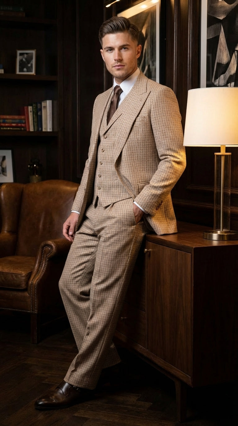 Men’s Beige tan Checkered Three Piece Suit with Classic Fit Wide Leg Pleated Pants by Rossiman khaki color - 34 Short or Extra Small