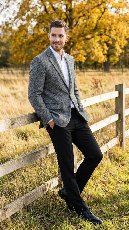 Mens Grey Harris Tweed Blazer Jacket, Classic Herringbone Wool Sport Coat for Business Casual
