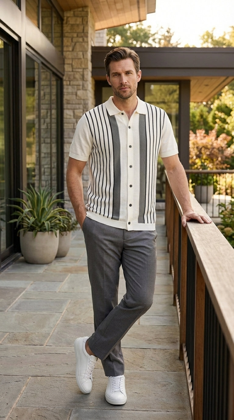 Mens White and Charcoal Gray Stripe Walking Suit Set – Short Sleeve Button Shirt and Pants Casual Summer Outfit for Travel, Vacation and Everyday Wear - S
