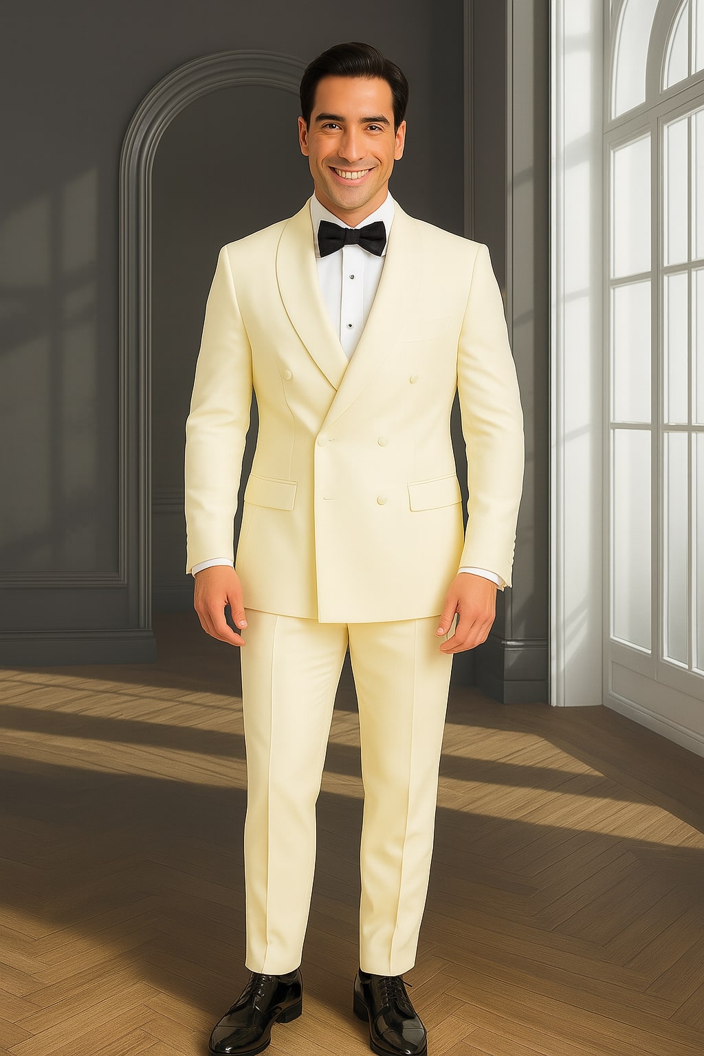 Mens Off-White Double Breasted Tuxedo Jacket with Shawl Lapel | Formal Wedding Suit in Ivory Cream Color - 34 Short or Extra Small