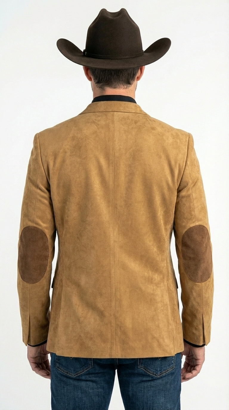 Men’s Camel Suede Cowboy Blazer with Elbow Patch – Camel Western Style Suede Sport Coat for Casual - 36 Short