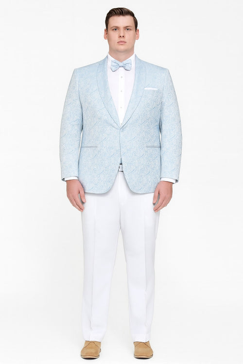 Mens Light Blue Paisley Tuxedo Jacket with Matching Bow Tie Slim Fit Blazer for Weddings, Prom, and Formal Events