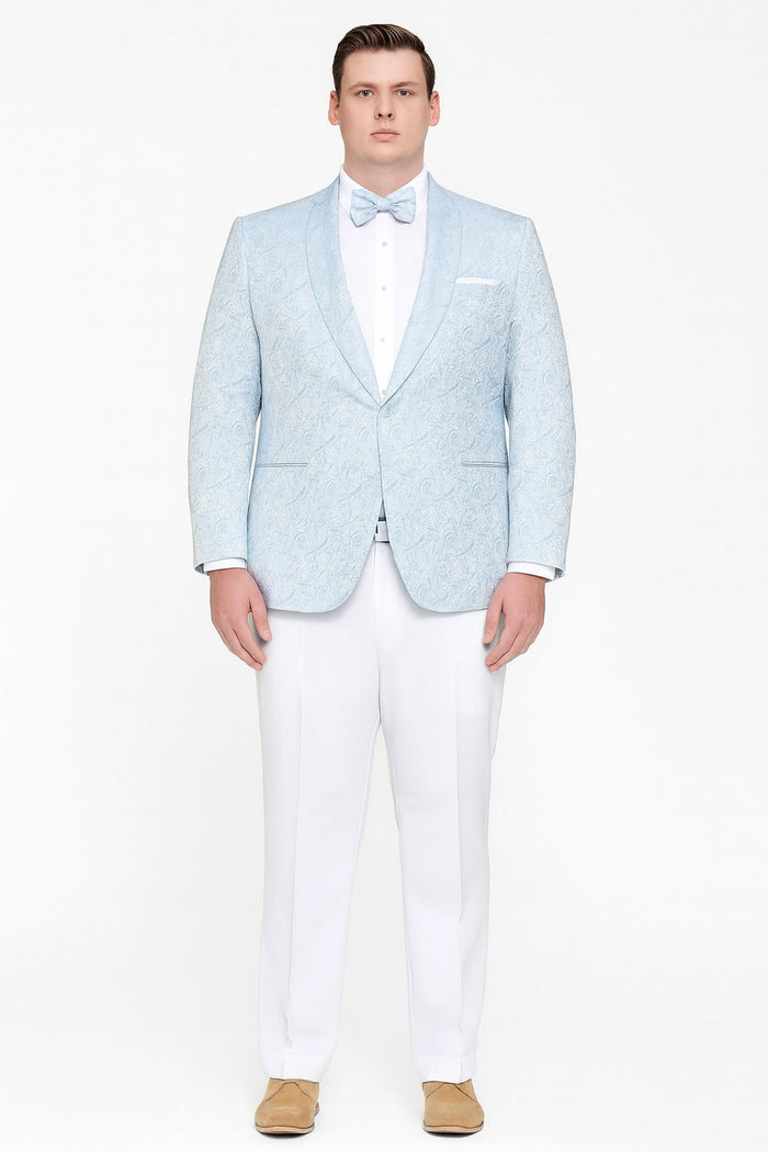 Mens Light Blue Paisley Tuxedo Jacket with Matching Bow Tie Slim Fit Blazer for Weddings, Prom, and Formal Events