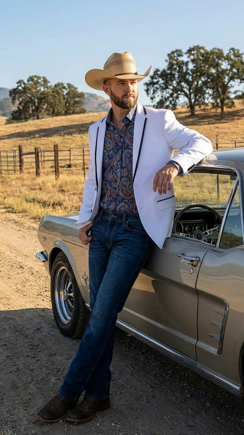 Mens White Western Blazer with Black Trim Classic Cowboy Style