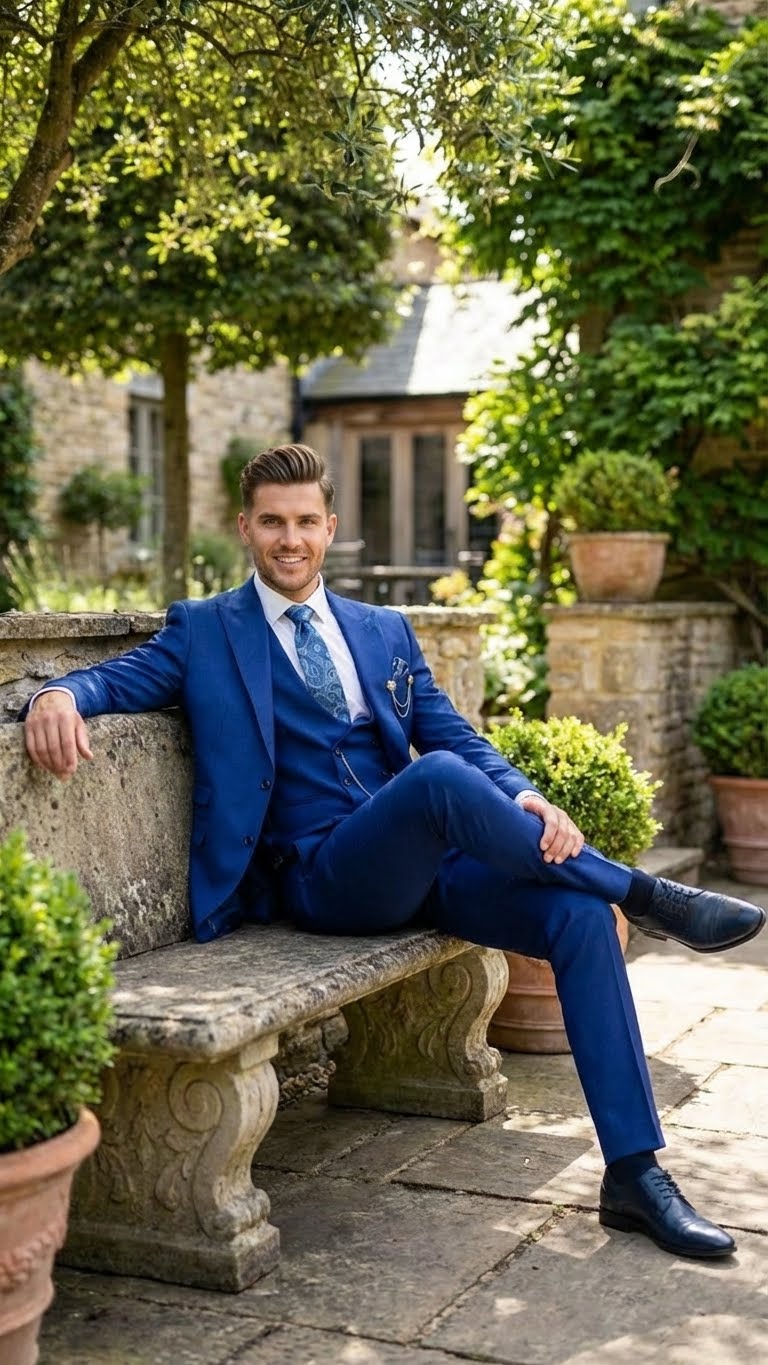 Men’s Royal Blue 3 Piece Suit Set with Vest – Formal Wedding and Party Wear Suit - Saphire Cobalt blue - 34 Short or Extra Small