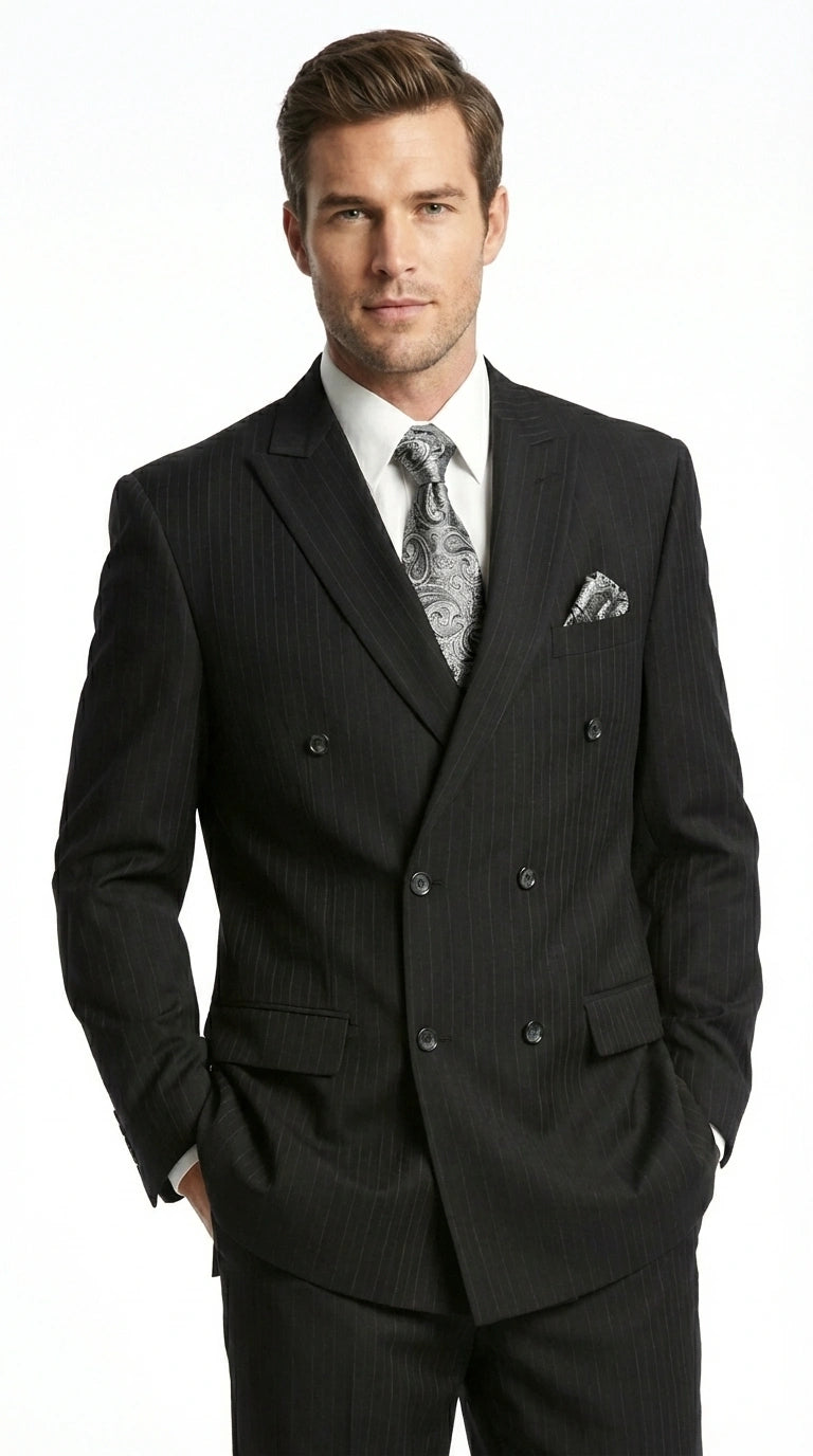 Men’s Black Pinstripe Double Breasted Suit – Peak Lapel Classic Fit Formal Business Conservative settle stripe - 34 Short or Extra Small