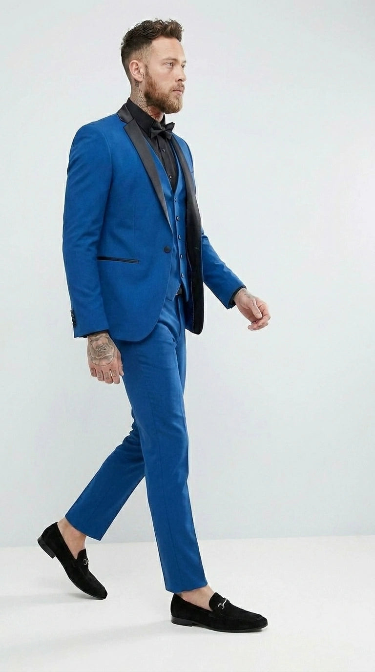 Men’s Royal Blue 3 Piece Suit with Black Lapel – Modern Formal Suit for Wedding, Prom and Party Wear - 34 Short or Extra Small
