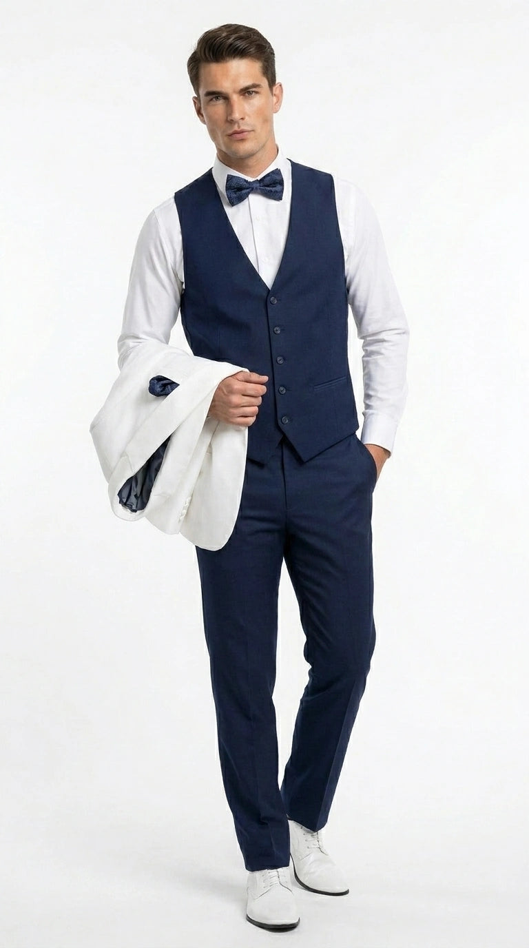 Men’s White and Navy blue tuxedo  3 Piece Suit – Classic White Blazer with Navy Vest and Pants for Wedding, Party + Bowtie - 34 Short or Extra Small