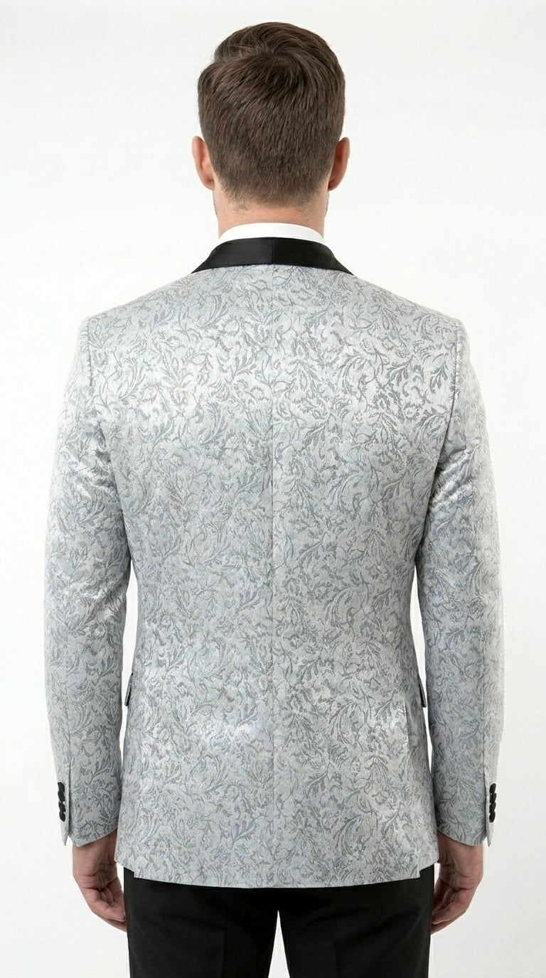 Men’s Silver and Black Floral Blazer – Elegant Formal Tuxedo Style Blazer Jacket for Wedding, Party, Prom and Evening Wear - 36R