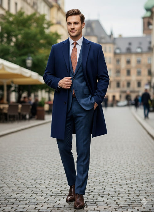 Mens Cobalt Blue Wool and Cashmere Car Coat Overcoat Classic Winter Topcoat for Indigo Sapphire Color (light Navy Dark Royal)
