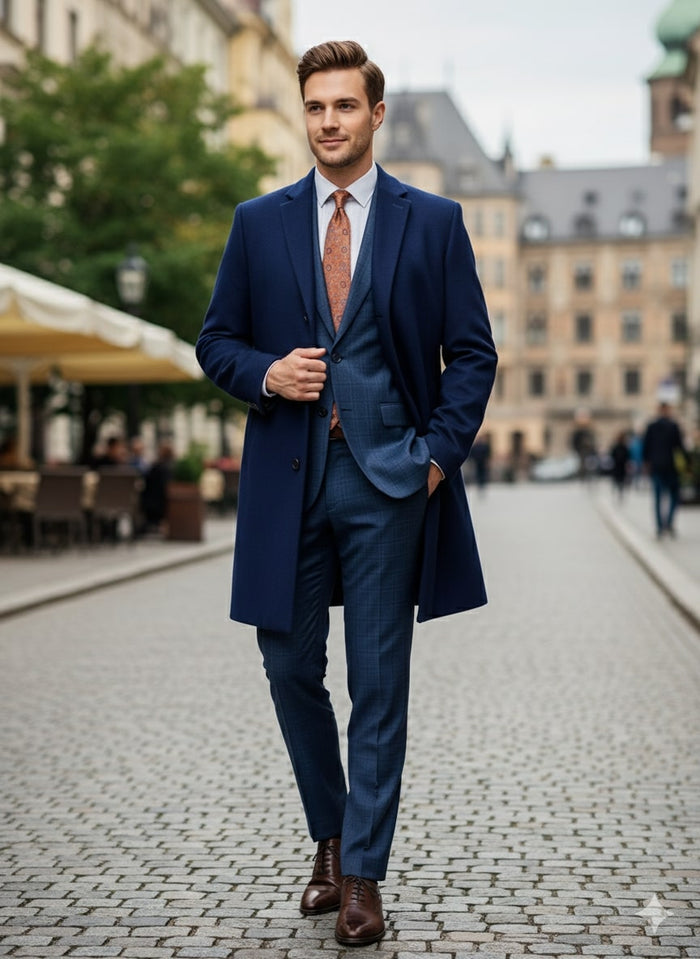 Mens Cobalt Blue Wool and Cashmere Car Coat Overcoat Classic Winter Topcoat for Indigo Sapphire Color (light Navy Dark Royal)