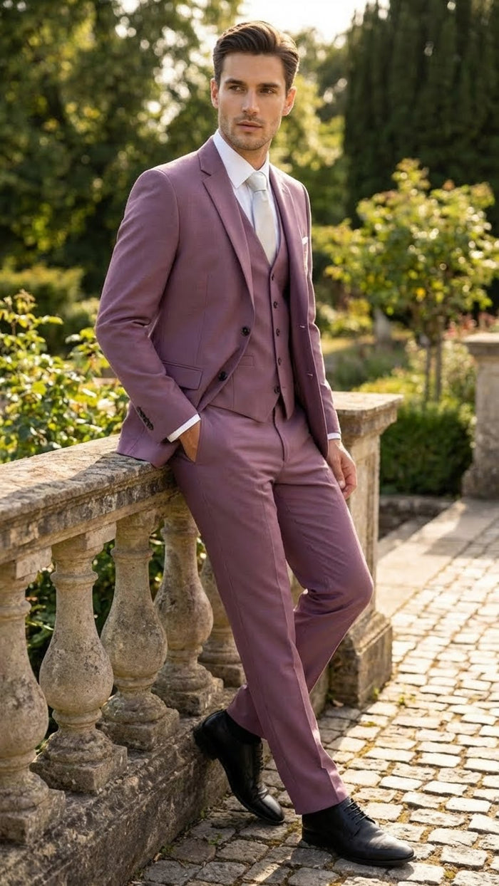 Mens Mauve Three-Piece Suit - Slim Fit Formal Blazer, Vest, and Trousers for Weddings Rose Gold Pinkish Color