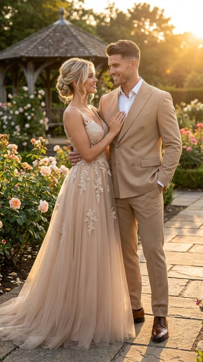 Vitali Brand Mens Beige Double Breasted Suit Classic Wedding, Prom & Party Wear Formal Outfit Khaki Camel Color