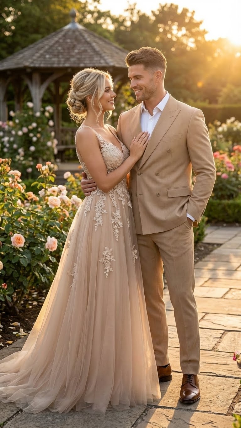 Vitali Brand Men’s Beige Double Breasted Suit – Classic Wedding, Prom & Party Wear Formal Outfit Khaki Camel Color - 34 Short or Extra Small