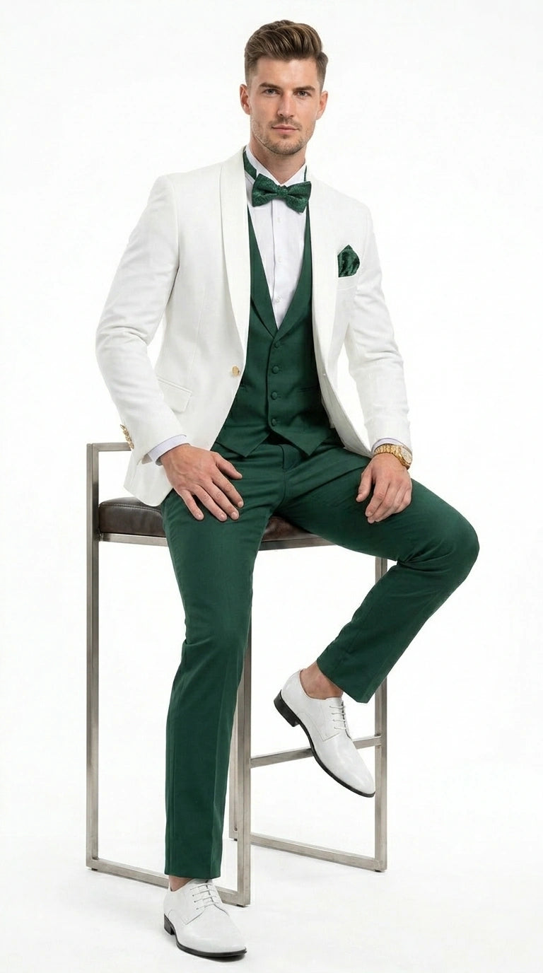Men’s White and Hunter Green 3 Piece Suit – Elegant Formal Suit with Vest, Wedding Tuxedo Suit for Prom and Party Wear - 34 Short or Extra Small