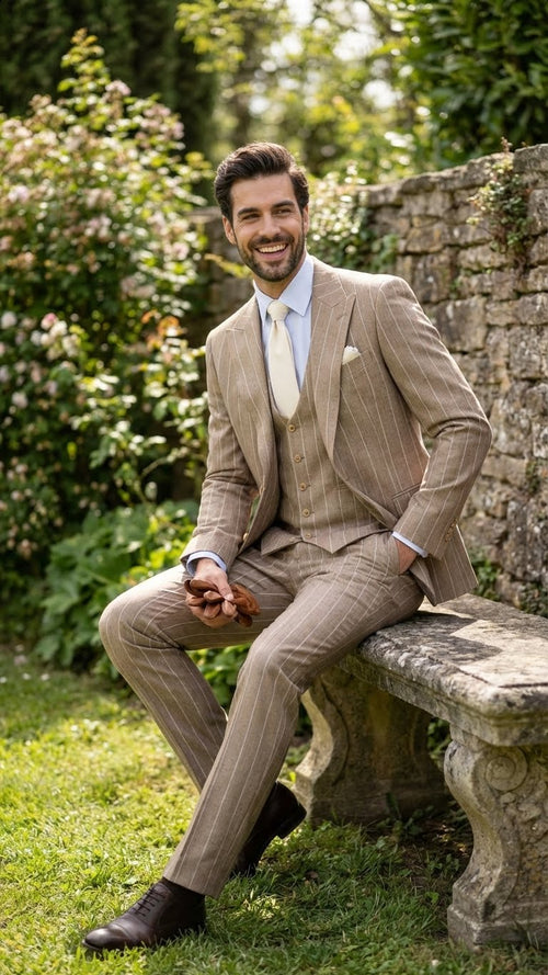 Men's Beige Pinstripe Three-Piece Vested Suit Tailored Fit  Business Attire in Tan Stripe by Rossiman