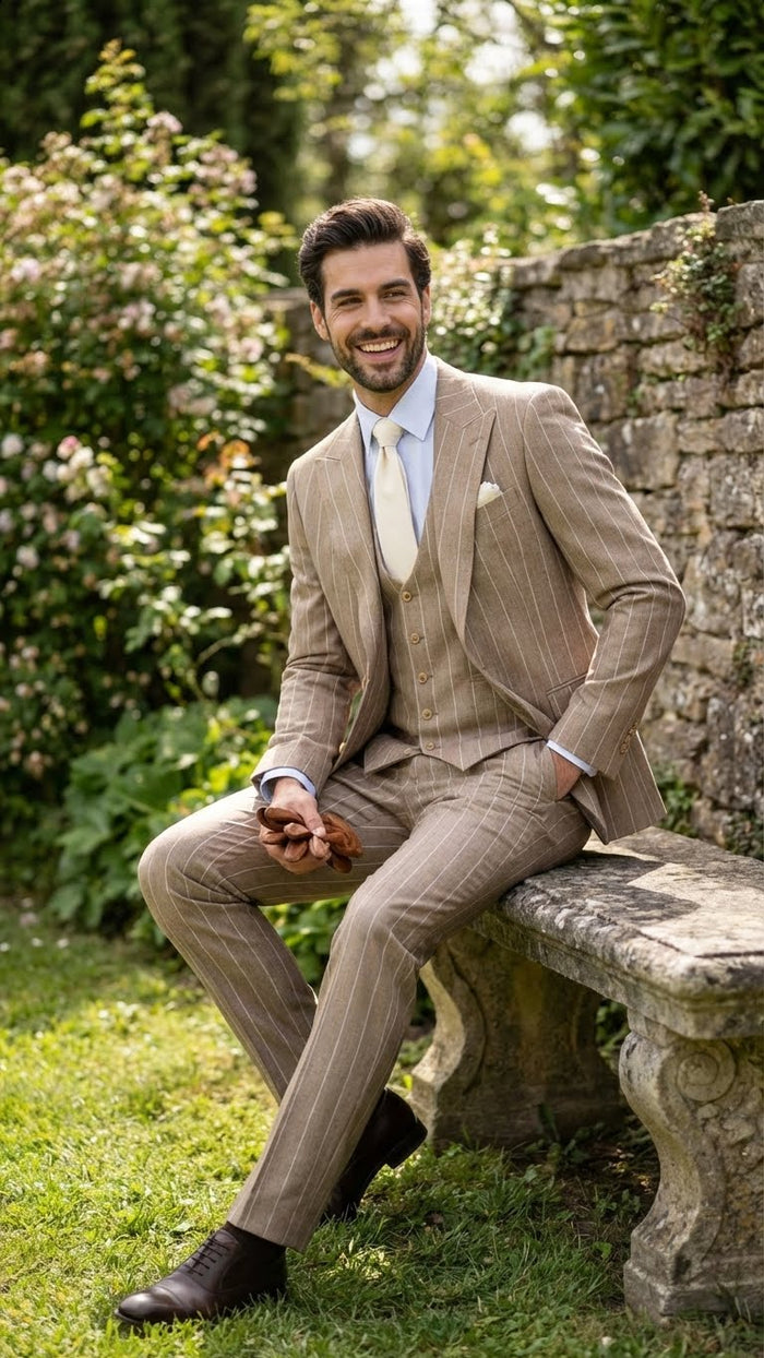 Men's Beige Pinstripe Three-Piece Vested Suit Tailored Fit  Business Attire in Tan Stripe by Rossiman