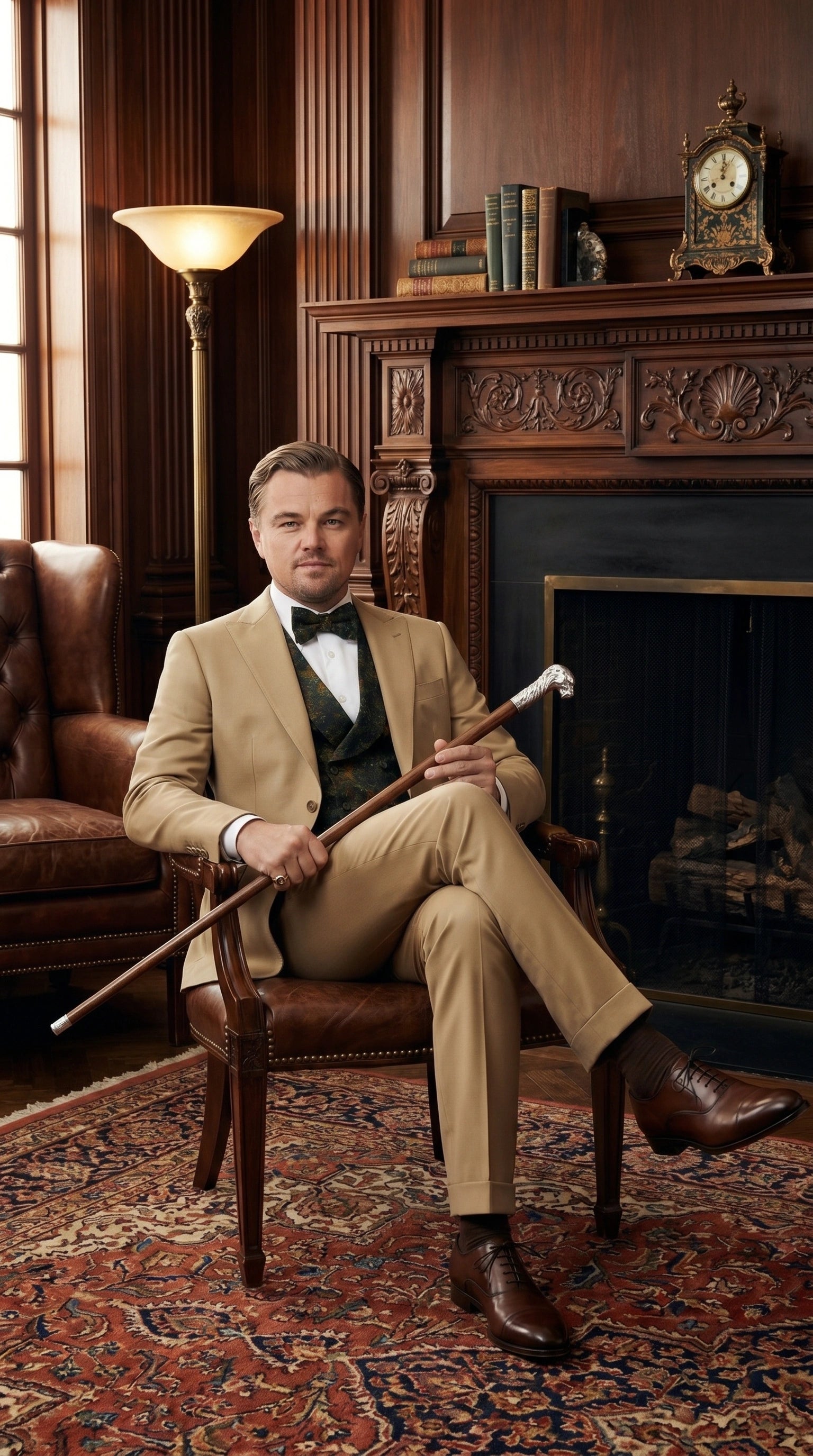 Men’s Khaki 3 Piece Suit with Patterned Vest, Great Gatsby Inspired Formal Suit for Weddings, Mardi Gra in Tan Camel Color - 34 Short or Extra Small