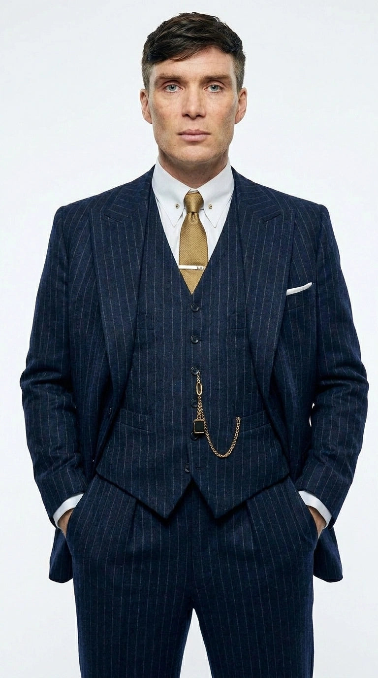Men’s Navy Blue Pinstripe 3 Piece Suit, Thomas Shelby Inspired Vintage Formal Suit for Weddings, Parties, Prom, and Special Events - 34 Short or Extra Small