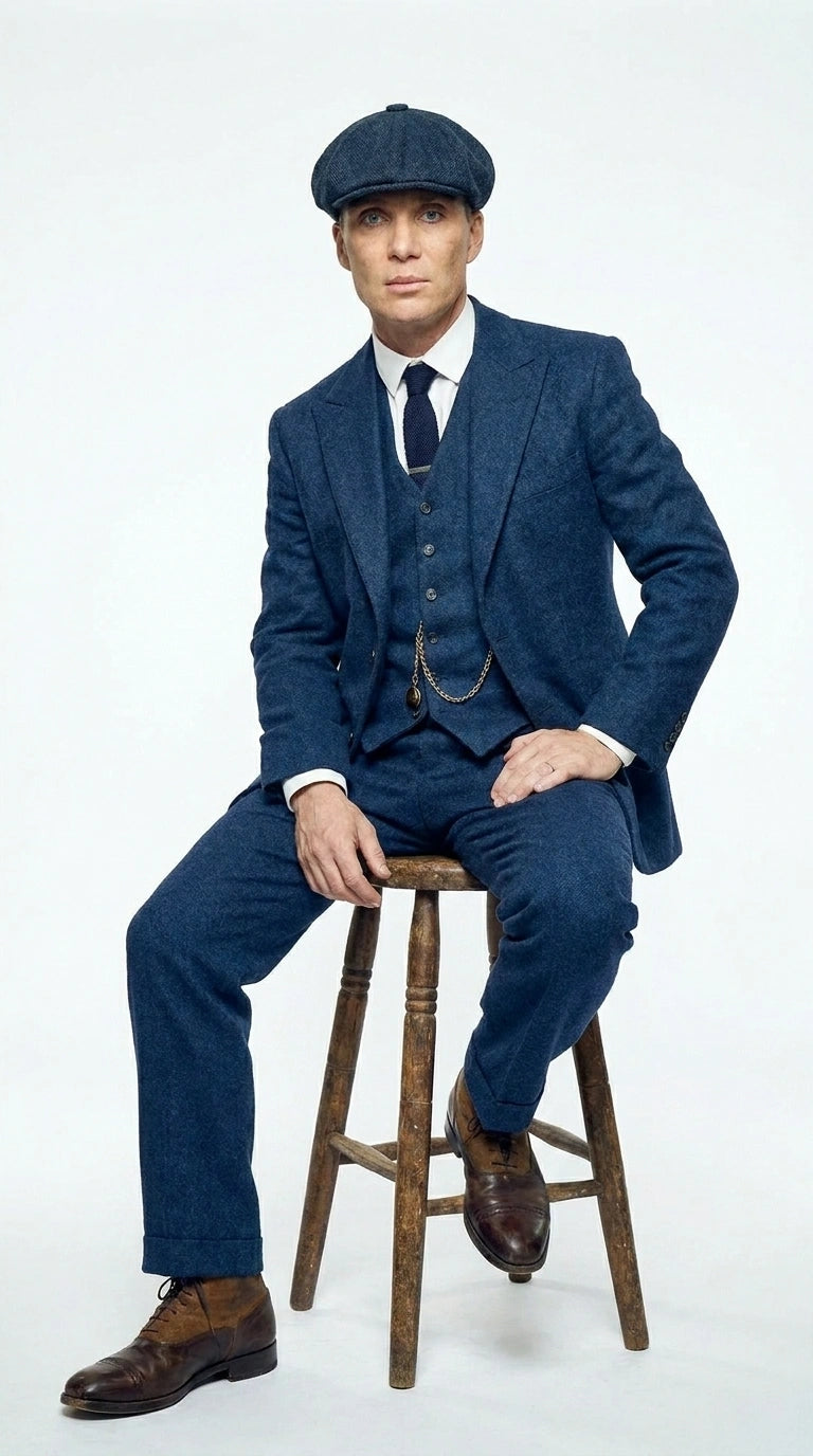 Men’s Blue 3 Piece Suit, Thomas Shelby Inspired Vintage Formal Suit Herringbone Tweed 1920s fabric - 34 Short or Extra Small