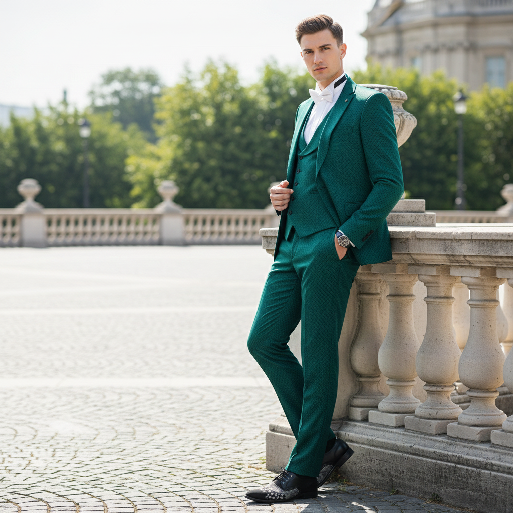Menâ€™s Emerald Green Textured 3-Piece Suit â€“ Polk Dot Pattern Formal Wedding, Prom, and Evening Wear Outfit - 34 Short or Extra Small