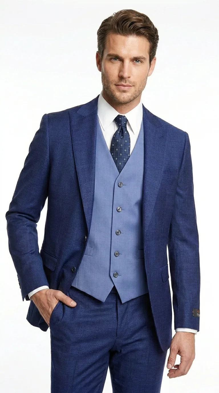Vitali Men’s Navy Blue 3 Piece Suit with Light Blue Vest, Textured Formal Dress Suit for Weddings, Prom, Business Events, and Parties - 34 Short or Extra Small