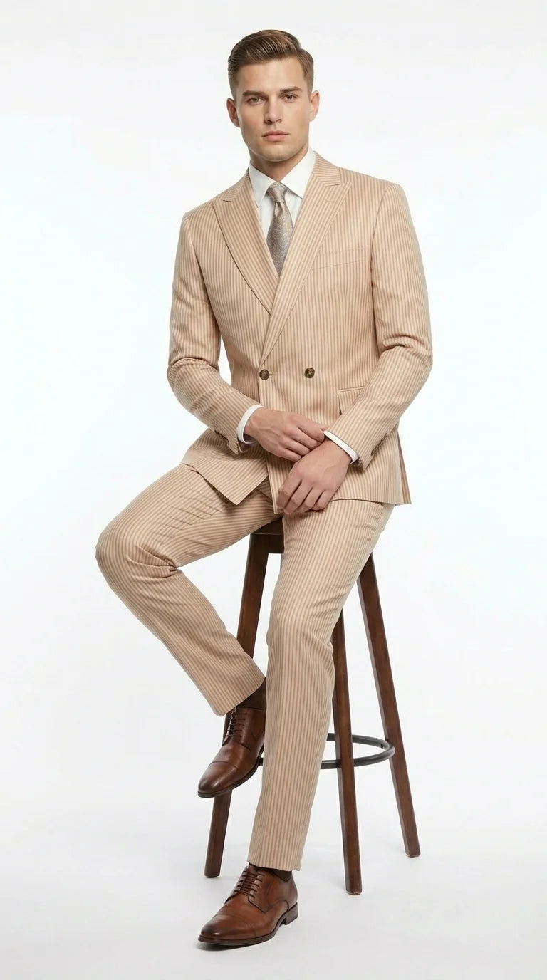 Vitali Men’s Tone on Tone Beige Pinstripe 2 Piece Suit, Double Breasted Summer Dress Suit for Weddings, Tan Beige Shadow Pinstripe - 34 Short or Extra Small