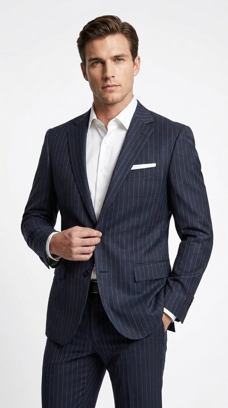 Men’s Patrick Bateman Inspired Navy Pinstripe Suit – American Psycho 1980s Business Style 2 Piece Suit