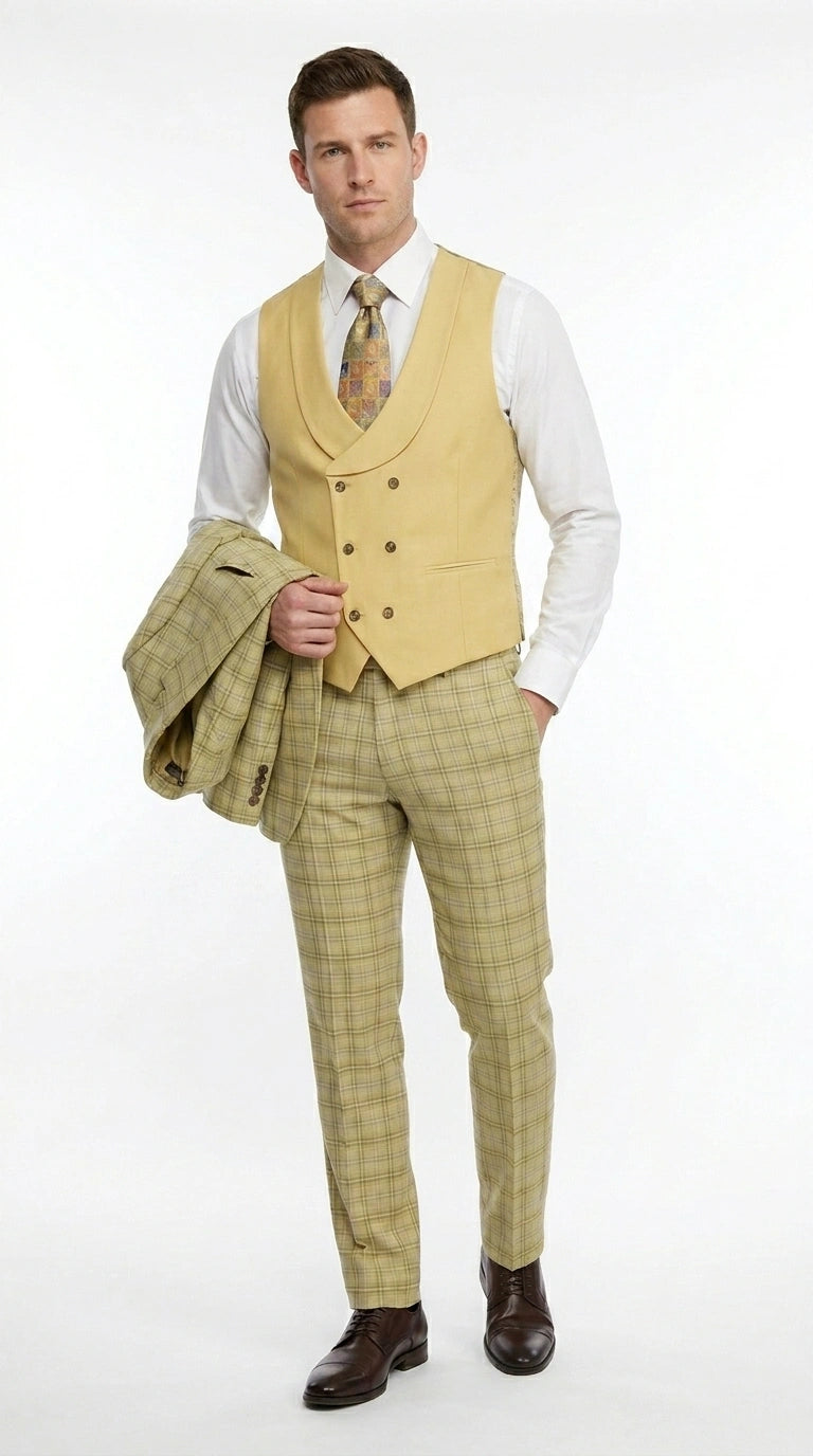 Vitali Men’s Sage Beige Tan Plaid 3 Piece Suit, Check Pattern Formal Dress Suit for Weddings, Prom, Business Events, Modern Fit Light Yellow Color - 34 Short or Extra Small